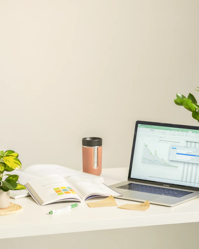 A bright desk with an open book, laptop, and plants.